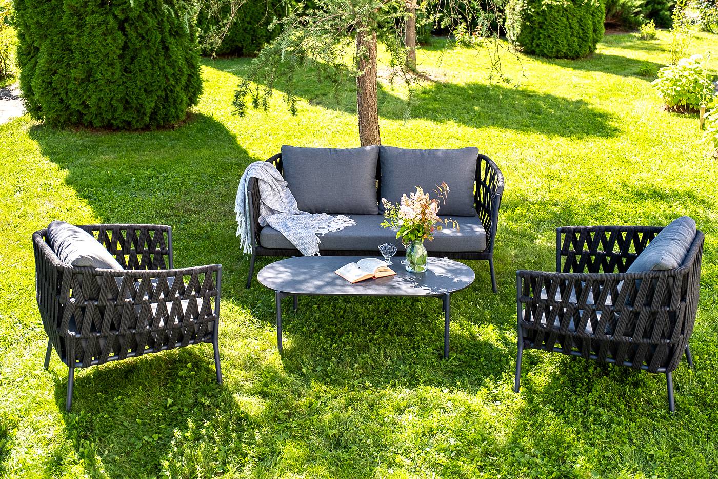 "Диего" лаунж-зона 4-местная плетеная из роупа (веревки), каркас алюминиевый "Диего" лаунж-зона 4-местная плетеная из роупа (веревки), каркас алюминиевый