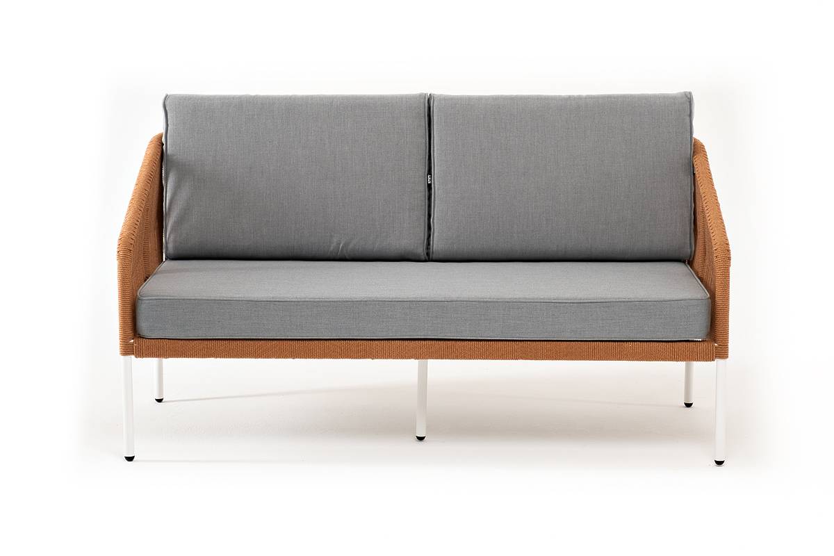 "Канны" диван 2-местный плетеный из роупа, каркас алюминий, ткань светло-серая