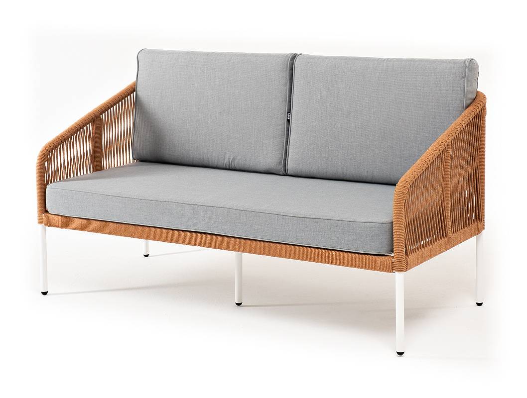 "Канны" диван 2-местный плетеный из роупа, каркас алюминий, ткань светло-серая