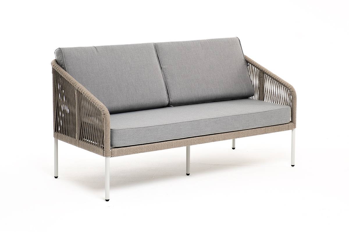 "Канны" диван 2-местный плетеный из роупа, каркас алюминий, ткань светло-серая