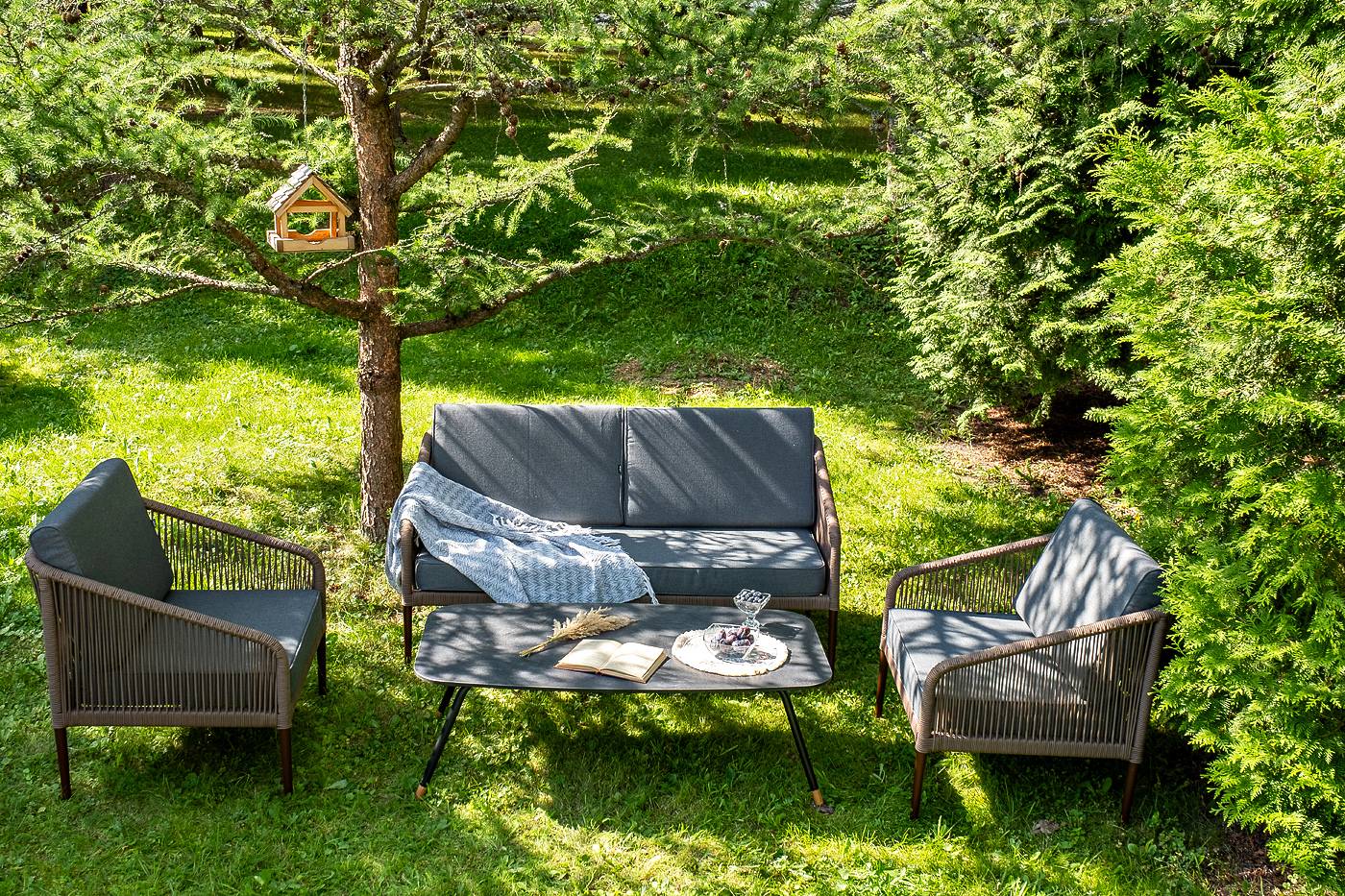 "Канны" лаунж-зона 4-местная из роупа, каркас алюминиевый, роуп коричневый