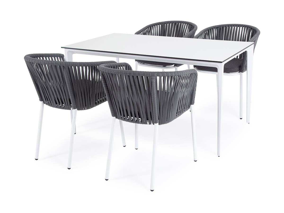 "Малага" обеденная группа на 4 персоны со стульями "Бордо", каркас белый, роуп серый