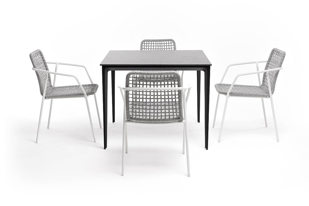 "Малага" обеденная группа на 4 персоны со стульями "Тунис", каркас белый, роуп светло-серый