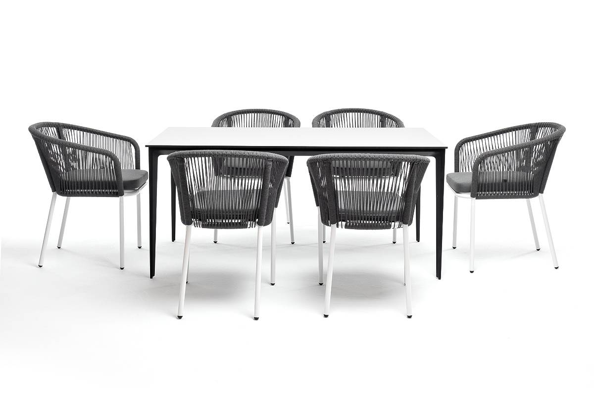 "Малага" обеденная группа на 6 персон со стульями "Марсель", каркас белый, роуп серый
