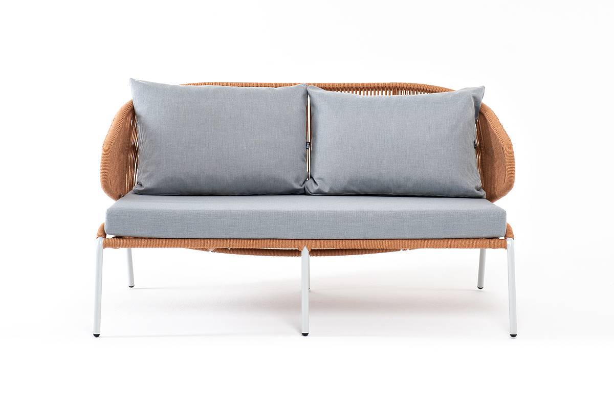 "Милан" диван 2-местный плетеный из роупа, каркас алюминий светло-серый, ткань светло-серая