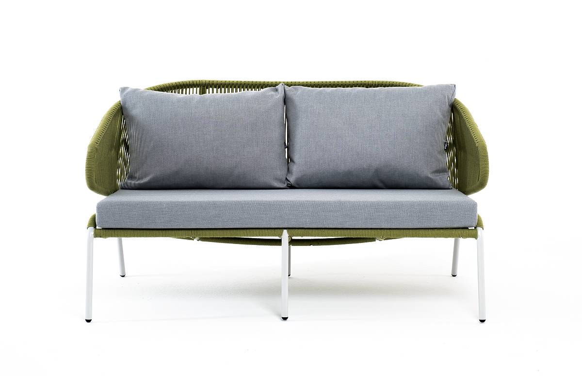 "Милан" диван 2-местный плетеный из роупа, каркас алюминий светло-серый, ткань светло-серая
