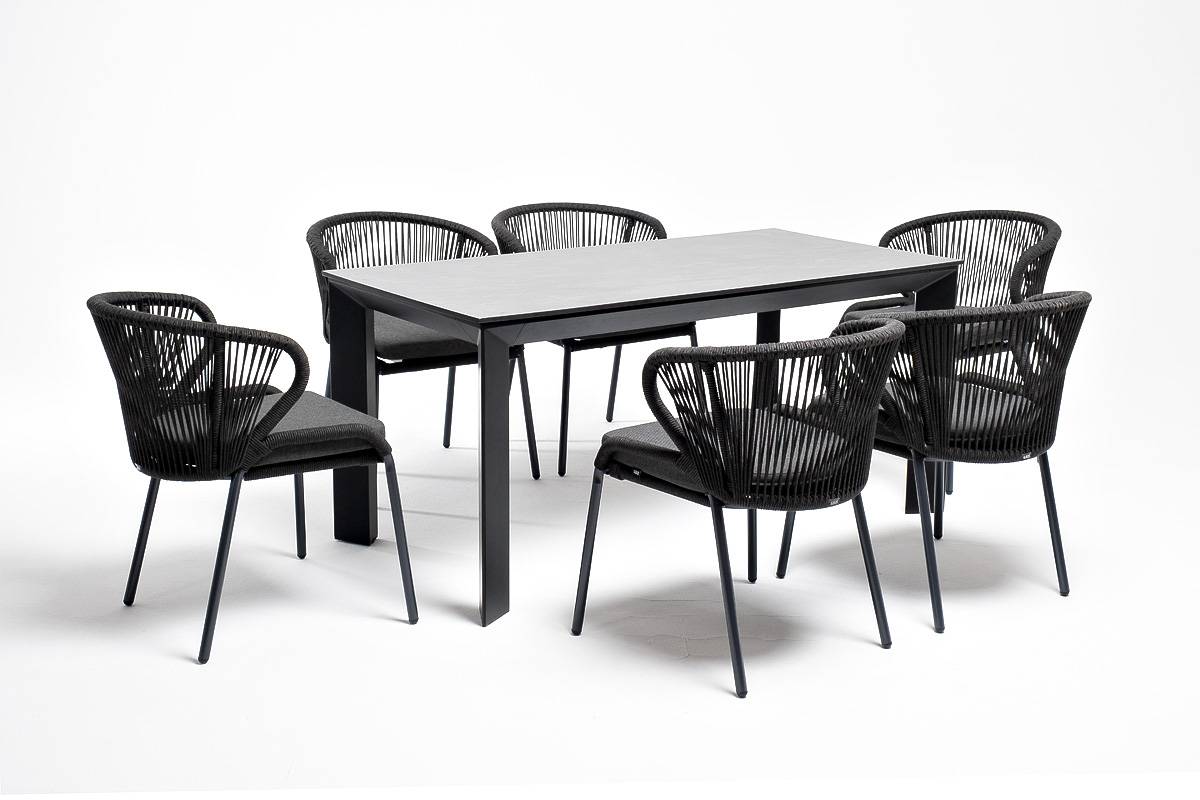 "Венето" обеденная группа на 6 персон со стульями "Милан", каркас темно-серый, роуп темно-серый